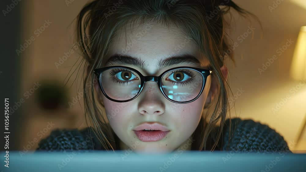 Close-Up Portrait of Happy Girl in Front of Laptop Screen.A close-up portrait of a young woman with glasses, smiling as she looks at her laptop screen. Close-Up Portrait of Happy Girl in Front of Laptop Screen.A close-up portrait of a young woman with glasses, smiling as she looks at her laptop screen.