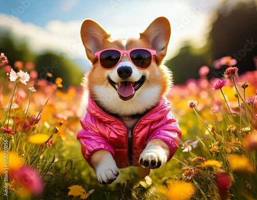 Un corgi con una bonita chaqueta rosa y gafas de sol corriendo por un campo de flores. photo