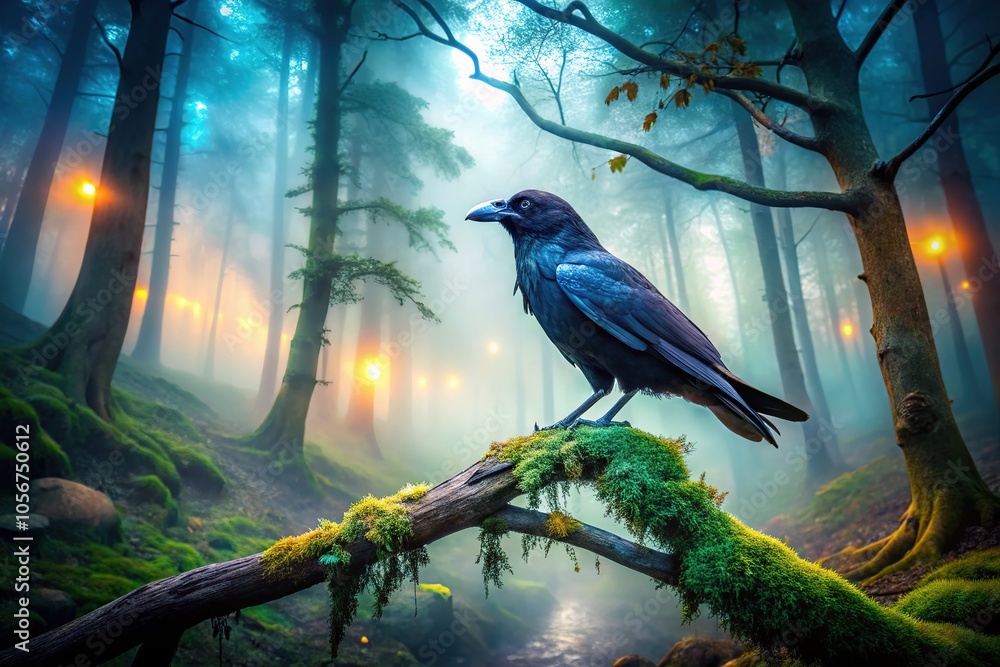 Fototapeta premium Raven and Shadow Winged Creature in Misty Forest - Urban Exploration Photography