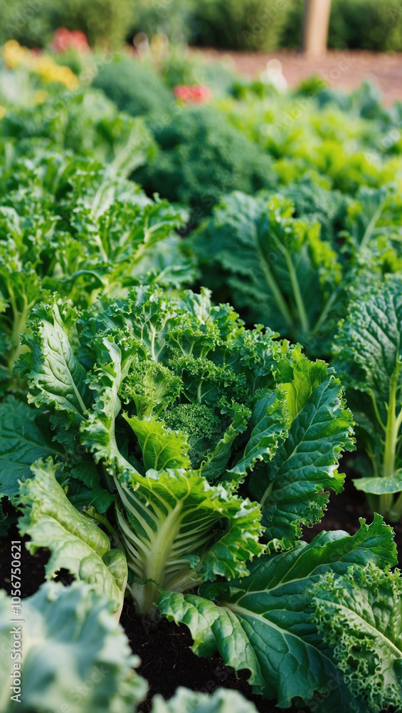 Organic leafy greens like kale and spinach in a vibrant lush farm setting Organic leafy greens like kale and spinach in a vibrant lush farm setting