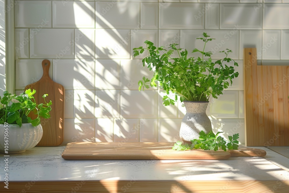 fresh herbs in vase on a clean countertop fresh herbs in vase on a clean countertop
