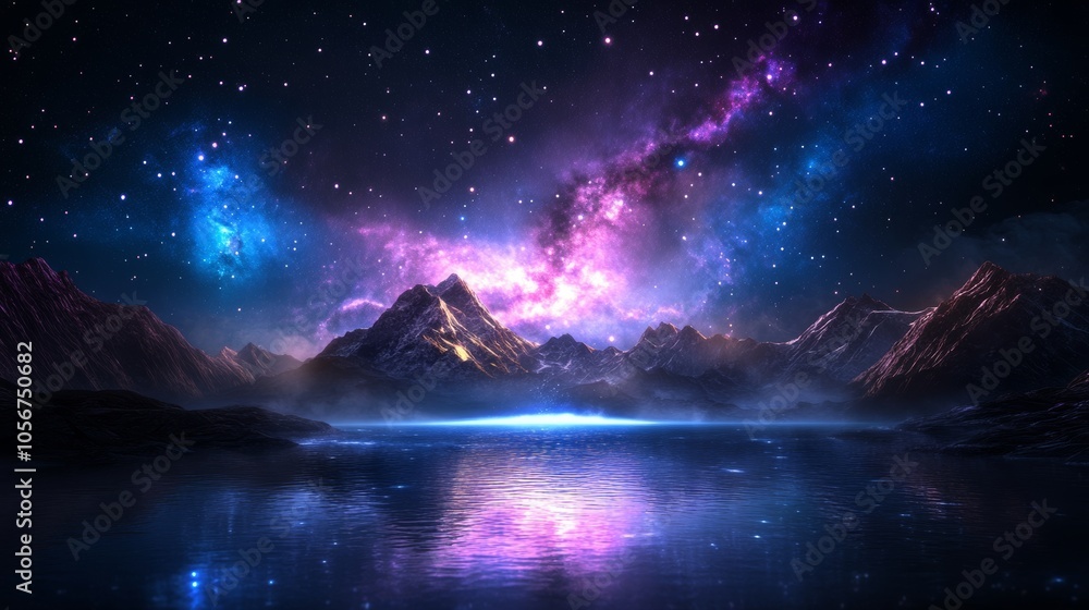 Cosmic landscape with vibrant mountains and starry sky Cosmic landscape with vibrant mountains and starry sky