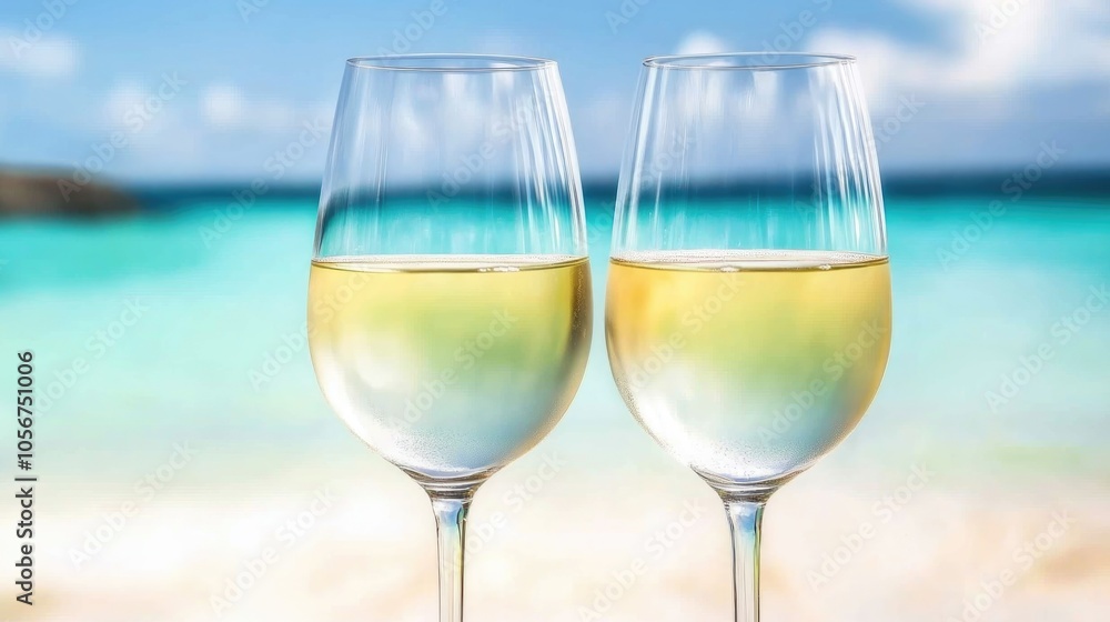 Two wine glasses filled with white wine set against a beach backdrop