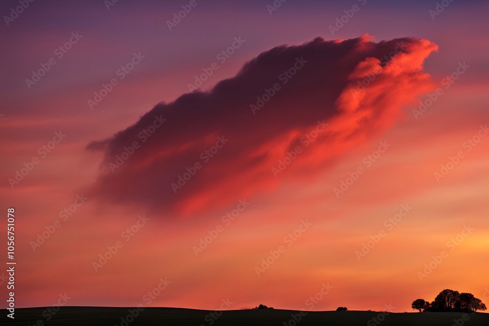 A crimson and amber sky at sunset with a lone cloud lit up in brilliant colors, AI Generated A crimson and amber sky at sunset with a lone cloud lit up in brilliant colors, AI Generated