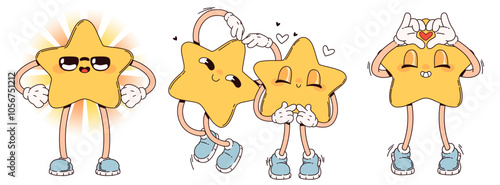 Cheerful groovy star mascots wearing blue sneakers with different face expressions. Yellow cartoon figures with various emotions - cool with arms in sides, make heart gesture, loving and shy couple.