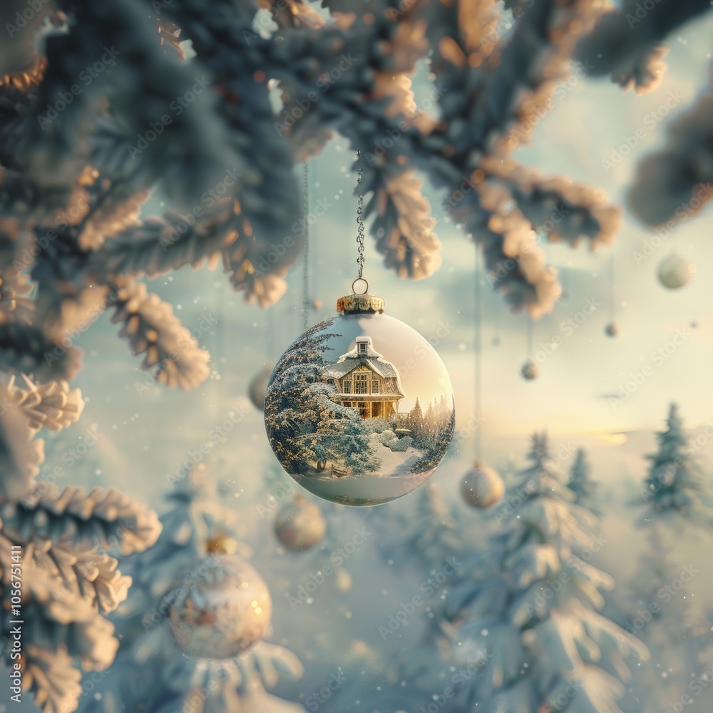 A Christmas ornament hangs from a tree branch. The ornament is a snow globe with a house inside A Christmas ornament hangs from a tree branch. The ornament is a snow globe with a house inside