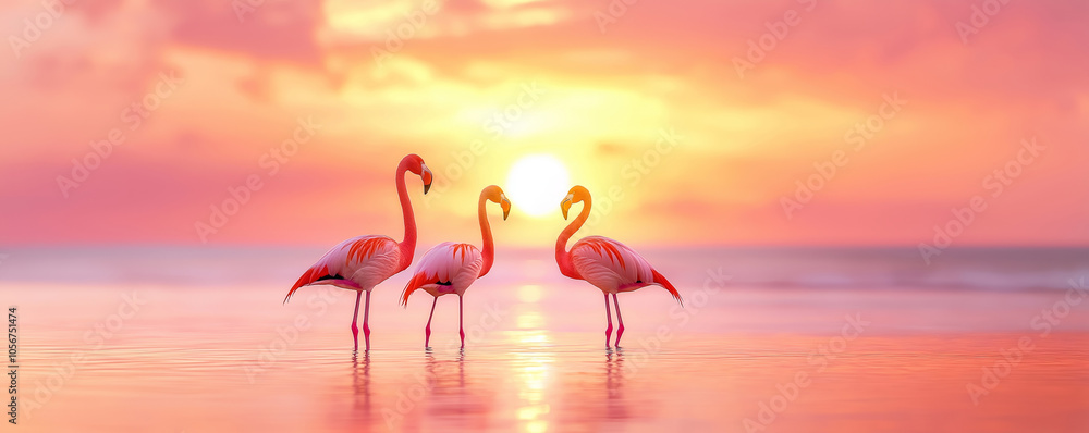 Obraz premium Tranquil Silhouette of Three Flamingos at Sunset by the Seaside, Reflective Water and Vibrant Sky, Wildlife Serenity Concept