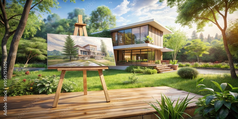 Obraz premium Architectural Sketch of a Modern Building Design in Serene Outdoor Environment During Daytime - Architectural Photography, Design Illustration, Nature Integration, Modern Aesthetics