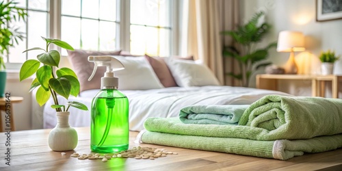 A calming bedroom adorned with soft towels and green cleaning spray radiates serenity, creating an eco-friendly oasis for rest and promoting a sustainable lifestyle.