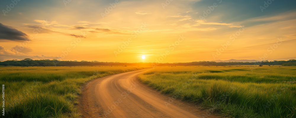Scenic sunset portrait over winding road through lush green fields toward distant mountains, landscape serenity concept Scenic sunset portrait over winding road through lush green fields toward distant mountains, landscape serenity concept