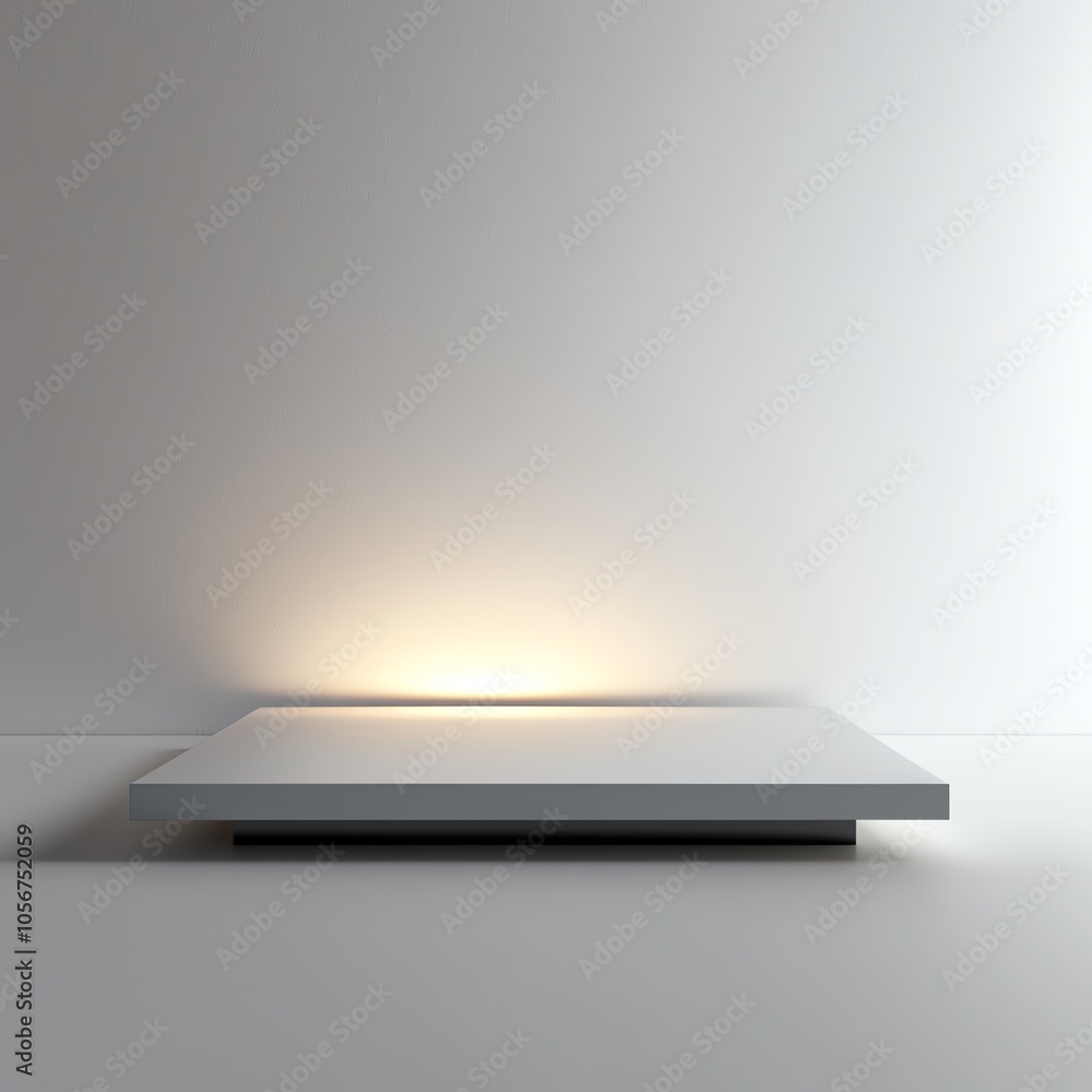 Minimalist display platform with soft lighting on a white background. Minimalist display platform with soft lighting on a white background.