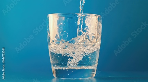 Clear water being poured into a glass with a blue backdrop