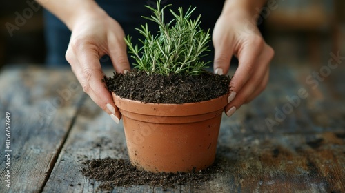 Close-up of soil being carefully added to a rosemary pot, woman s hand photo