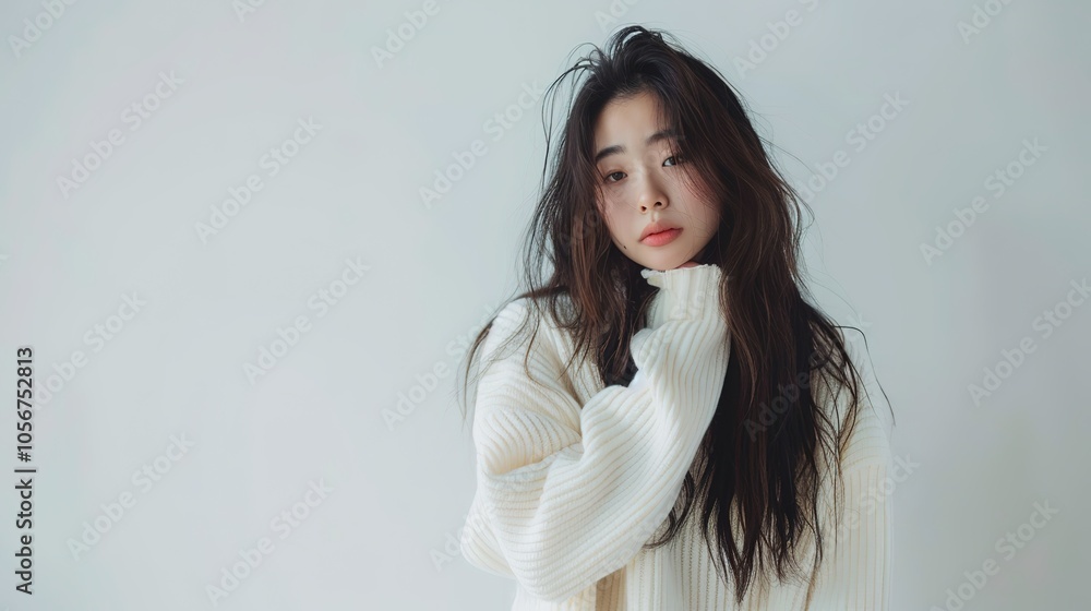 Asian Fashion Girl in White Sweater - a chic and modern visual. The white background enhances the stylish elegance of the outfit. Asian Fashion Girl in White Sweater - a chic and modern visual. The white background enhances the stylish elegance of the outfit.