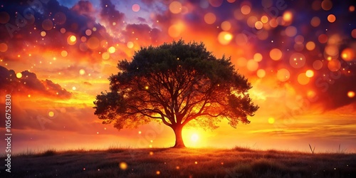 An awe-inspiring lone tree set ablaze by sunset, featuring a captivating silhouette and a dreamy bokeh background, creates a visually striking nature photography moment.