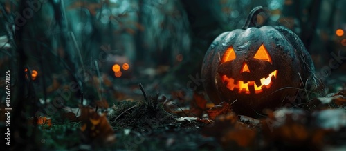 Scary Halloween Lantern Made Of Pumpkin At The Dark Forest Spooky Halloween Outdoor Backdrop