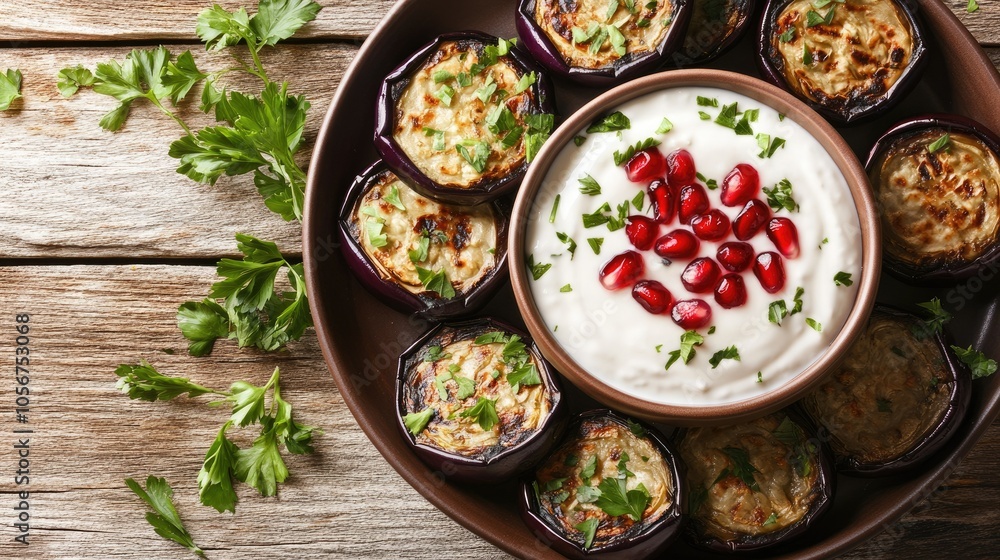 Overhead view of grilled eggplant beautifully plated with parsley and a side of yogurt dip topped with pomegranate seeds for a refreshing taste. Overhead view of grilled eggplant beautifully plated with parsley and a side of yogurt dip topped with pomegranate seeds for a refreshing taste.