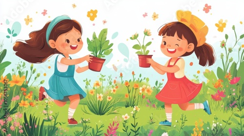 Cute young girls joyfully running around a blooming garden,