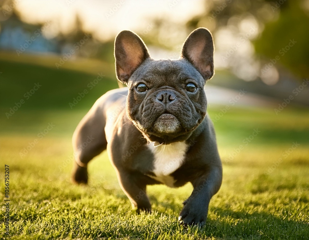 Fototapeta premium A French Bulldog leisurely walking on the grass