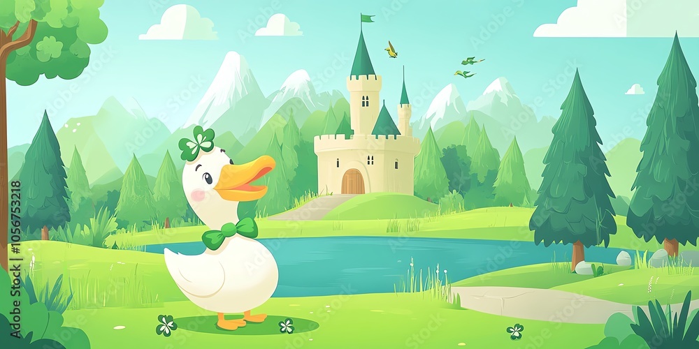 St Patrick s Day duck with shamrock bowtie, cute woodland creatures near a mini castle, flat design illustration St Patrick s Day duck with shamrock bowtie, cute woodland creatures near a mini castle, flat design illustration