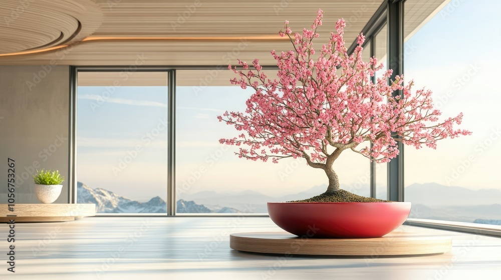 Pink cherry blossom bonsai tree in a red pot, placed in a minimalist indoor space, creating a serene and balanced visual. Pink cherry blossom bonsai tree in a red pot, placed in a minimalist indoor space, creating a serene and balanced visual.