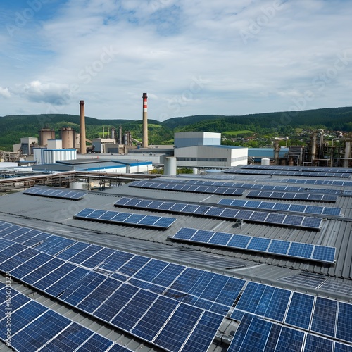 An industrial complex with large-scale solar panel installations covering multiple rooftops, set against a backdrop of green hills and a partly cloudy sky.  photo