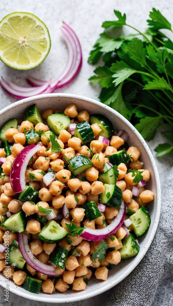 Organic chickpea salad with cucumbers red onions and parsley Organic chickpea salad with cucumbers red onions and parsley