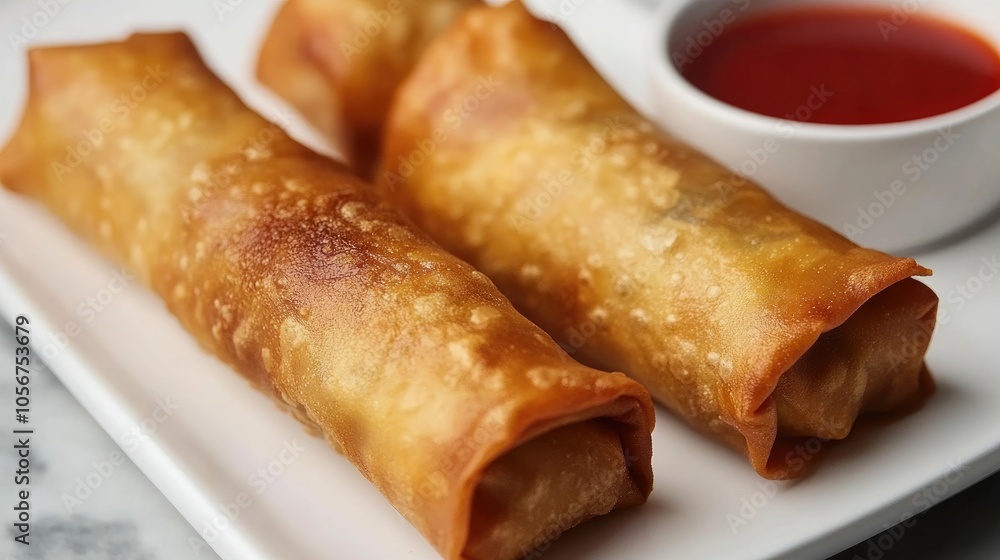 Tasty Egg Rolls Displayed on a White Plate Tasty Egg Rolls Displayed on a White Plate