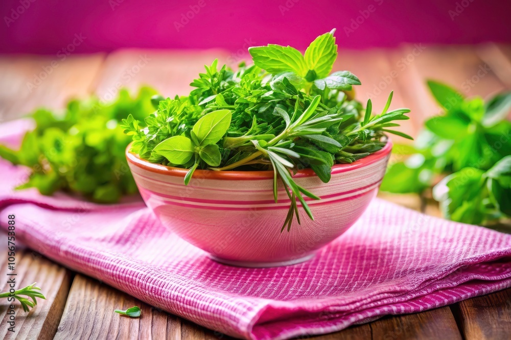 Bowl of Fresh Green Herbs on Pink Cloth - Culinary Ingredients, Natural Food, Organic Cooking, Kitchen Decor, Fresh Produce, Vibrant Colors, Healthy Eating Bowl of Fresh Green Herbs on Pink Cloth - Culinary Ingredients, Natural Food, Organic Cooking, Kitchen Decor, Fresh Produce, Vibrant Colors, Healthy Eating