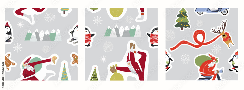 Obraz premium Set of seamless patterns, Merry Christmas and Happy New Year! New year symbols, backgrounds with Sports Santa. Hand drawn vector illustration.