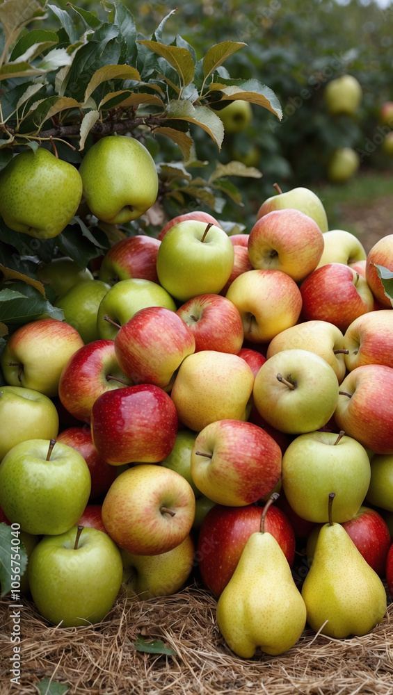 A harvest scene of organic apples and pears freshly picked from the orchard A harvest scene of organic apples and pears freshly picked from the orchard