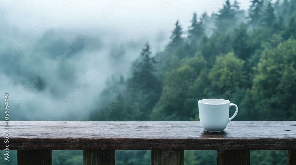 White cup placed on a wooden railing with a backdrop of misty forests White cup placed on a wooden railing with a backdrop of misty forests