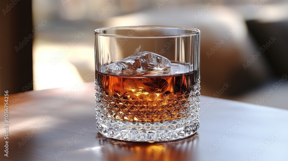 A glass of whiskey with ice on a wooden surface. A glass of whiskey with ice on a wooden surface.