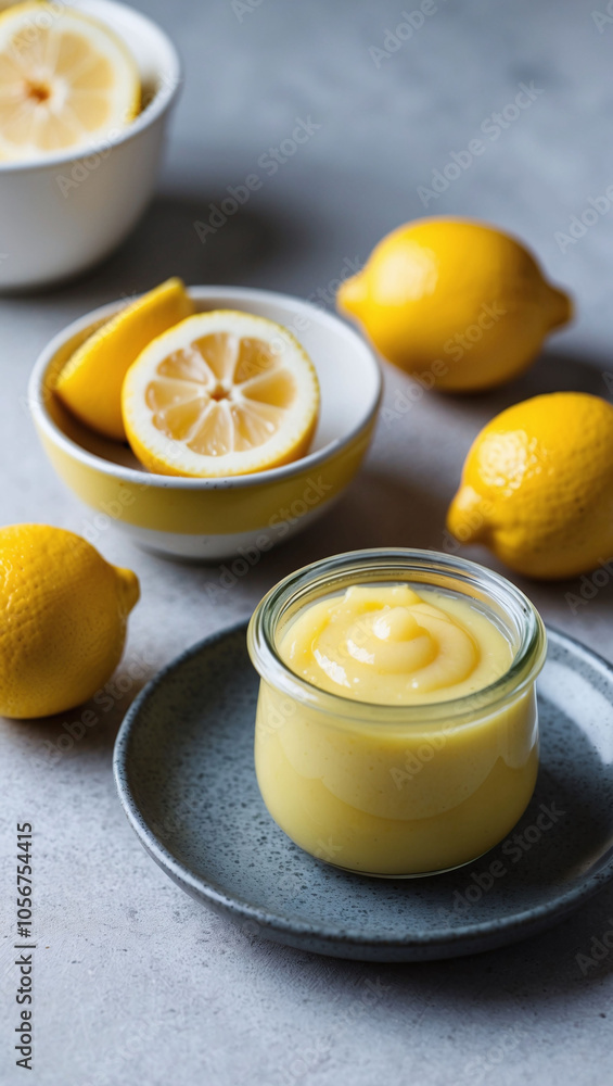 Organic lemon curd served in a small jar with fresh lemons on the side Organic lemon curd served in a small jar with fresh lemons on the side