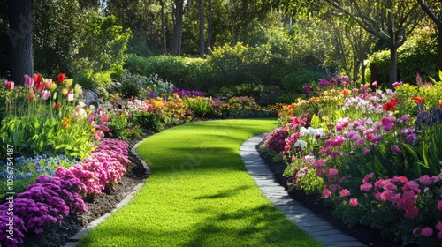 Elegant garden walkway bordered by an array of beautiful flowers in full bloom,