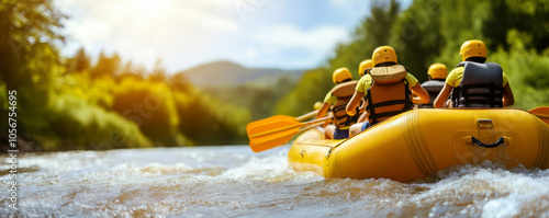 Adventure seekers in yellow raft paddle down river, surrounded by lush forest scenery, enjoying thrill of water sports, rafting concept photo