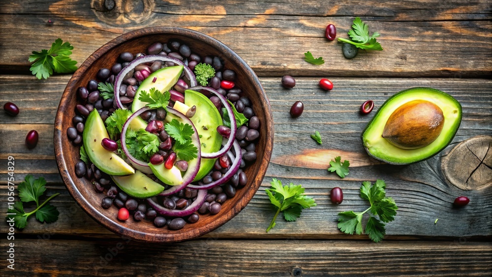 A Rustic Wooden Tabletop Presents a Vibrant Bowl of Black Beans, Avocado Slices, Red Onion Rings, and a Sprinkling of Pomegranate Seeds, Accompanied by Fresh Parsley Sprigs and a Halved Avocado A Rustic Wooden Tabletop Presents a Vibrant Bowl of Black Beans, Avocado Slices, Red Onion Rings, and a Sprinkling of Pomegranate Seeds, Accompanied by Fresh Parsley Sprigs and a Halved Avocado