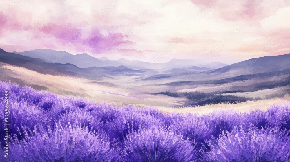 Field of lavender painted in a soft watercolor style, with rolling hills Field of lavender painted in a soft watercolor style, with rolling hills