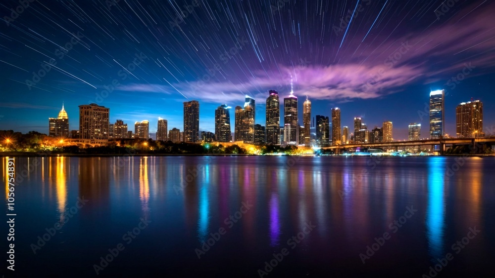 Obraz premium Captivating Long Exposure Nightscape of a City Skyline with Illuminated Buildings Reflecting in Water, Star Trails, Light Trails, and a Dynamic Sky Full of Colors for Stunning Visual Impact
