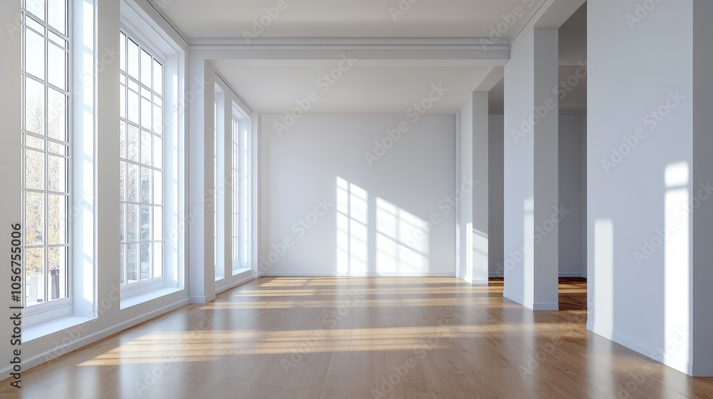 Fototapeta premium Bright spacious living room with empty walls perfect for showcasing modern interior design concepts in a loft style setting