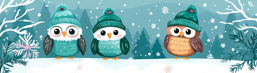 Fototapeta premium Owls in green feathers and hats, wintery landscape, mini snow home and pink snowflake accents, flat design illustration