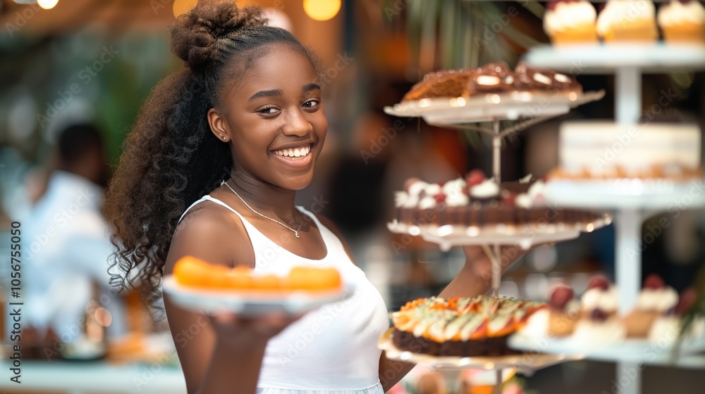 Young Woman with Cake and Dessert - a delightful and inviting visual. The scene showcases the joy of sharing sweet treats. Young Woman with Cake and Dessert - a delightful and inviting visual. The scene showcases the joy of sharing sweet treats.