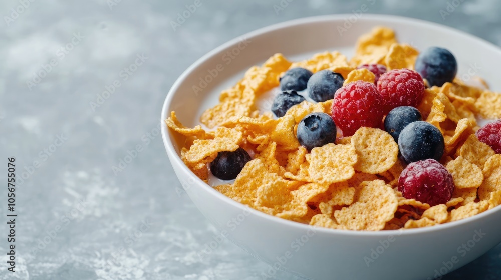 Bowl of corn flakes topped with berries and milk against a light gray backdrop Ideal for healthy breakfast themes Bowl of corn flakes topped with berries and milk against a light gray backdrop Ideal for healthy breakfast themes