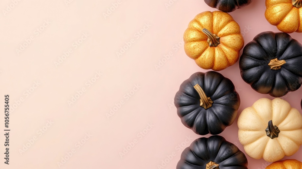 Gold and black pumpkins arranged on a soft pink background for a festive flat lay composition Gold and black pumpkins arranged on a soft pink background for a festive flat lay composition