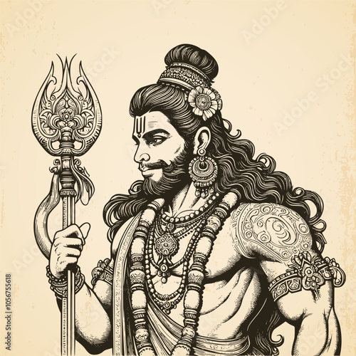 Vintage illustration of Lord Hanuman. Hand drawn Hindu God isolated background