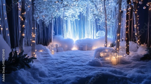 snowy paradise with fairy lights, fake snow, and cozy winter attire. Think white, blue, and silver color themes.