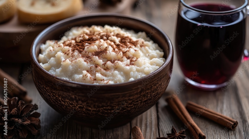 Creamy rice pudding in a ceramic bowl dusted with cinnamon accompanied by a mug of mulled wine displayed on a rustic wooden table Creamy rice pudding in a ceramic bowl dusted with cinnamon accompanied by a mug of mulled wine displayed on a rustic wooden table
