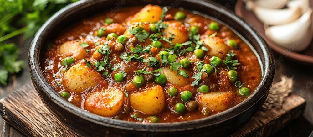 Indian Aloo Mutter Curry Potato And Peas Immersed In An Onion Tomato Gravy And Garnished With Coriander Leaves Served In A Karahi Kadhai Or Pan Or Bowl Selective Focus Indian Aloo Mutter Curry Potato And Peas Immersed In An Onion Tomato Gravy And Garnished With Coriander Leaves Served In A Karahi Kadhai Or Pan Or Bowl Selective Focus
