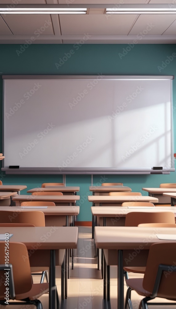 Empty classroom with wooden desks and whiteboard in bright lighting highlighting modern education space Empty classroom with wooden desks and whiteboard in bright lighting highlighting modern education space
