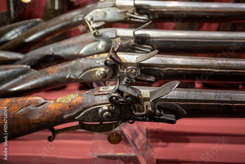 Valletta, Malta - Grandmaster Palace hosts an exposition of historic rifles. Antique firearms and military artifacts showcased